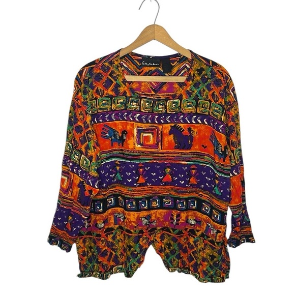 Vintage Tops - Anthony Mark Hankins Art to Wear Boho Novelty Tribal Print Colorful Artsy Blouse